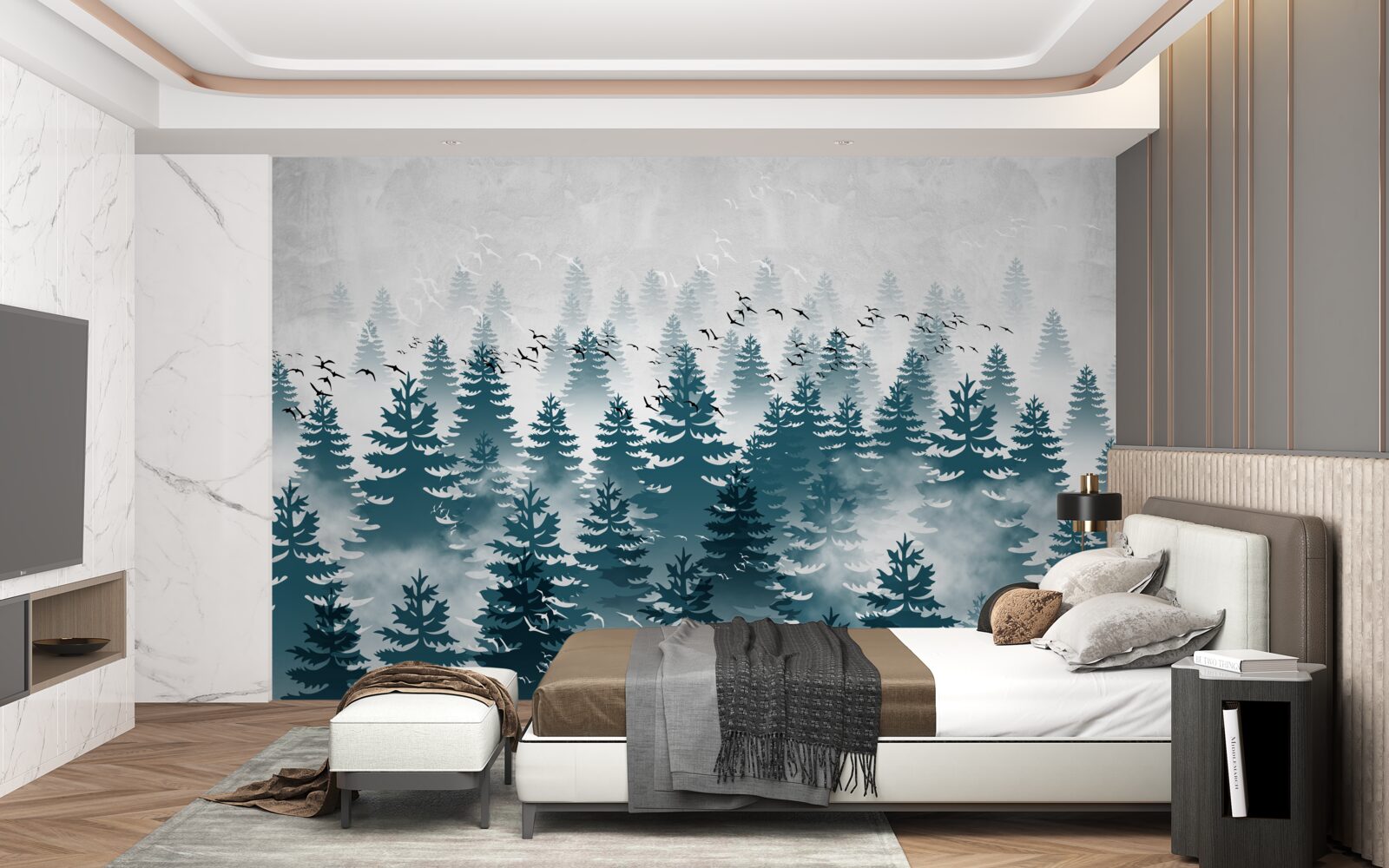 Fototapeta mglista zasłona spowijała iglasty gaj