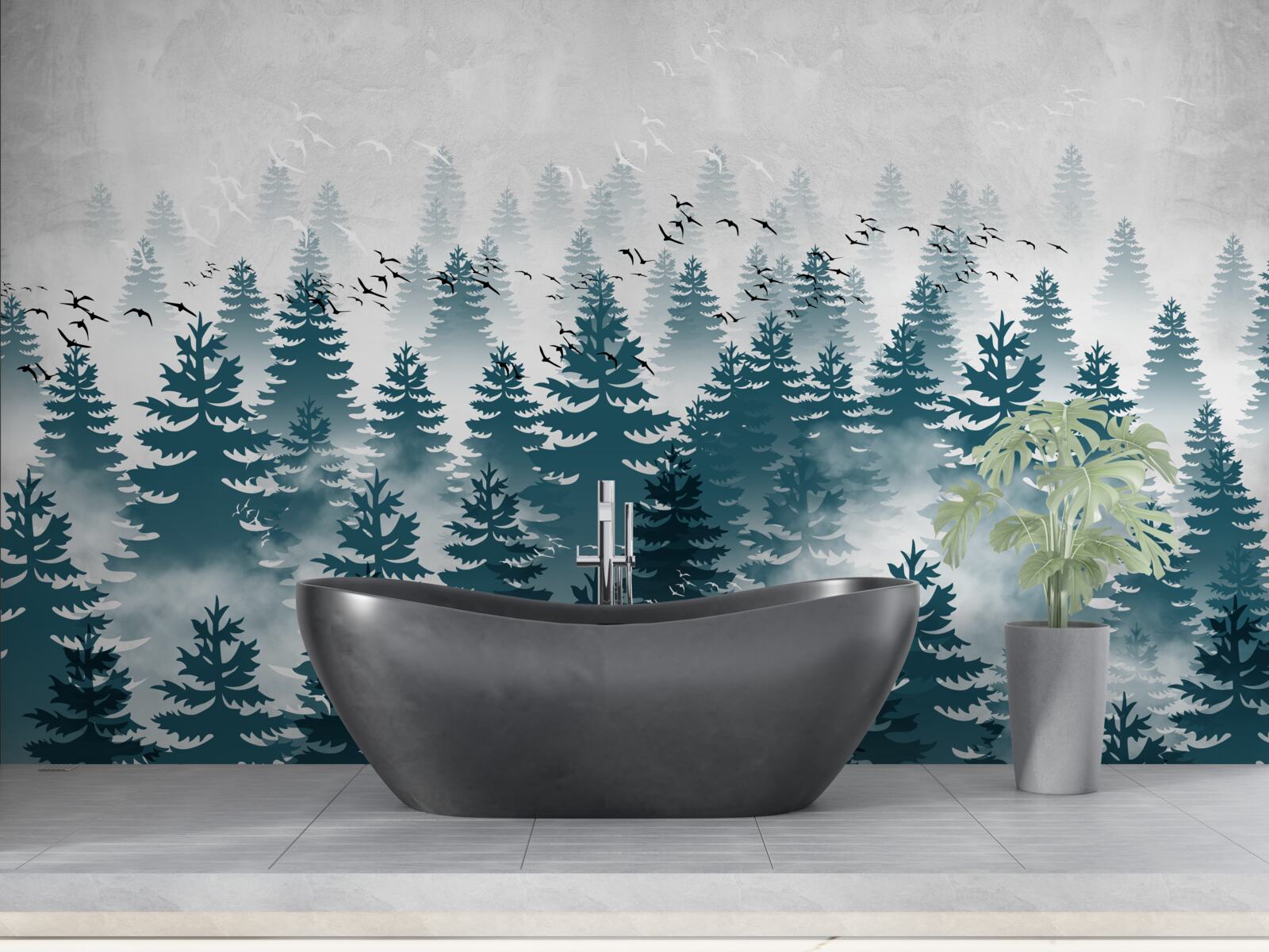 Fototapeta mglista zasłona spowijała iglasty gaj