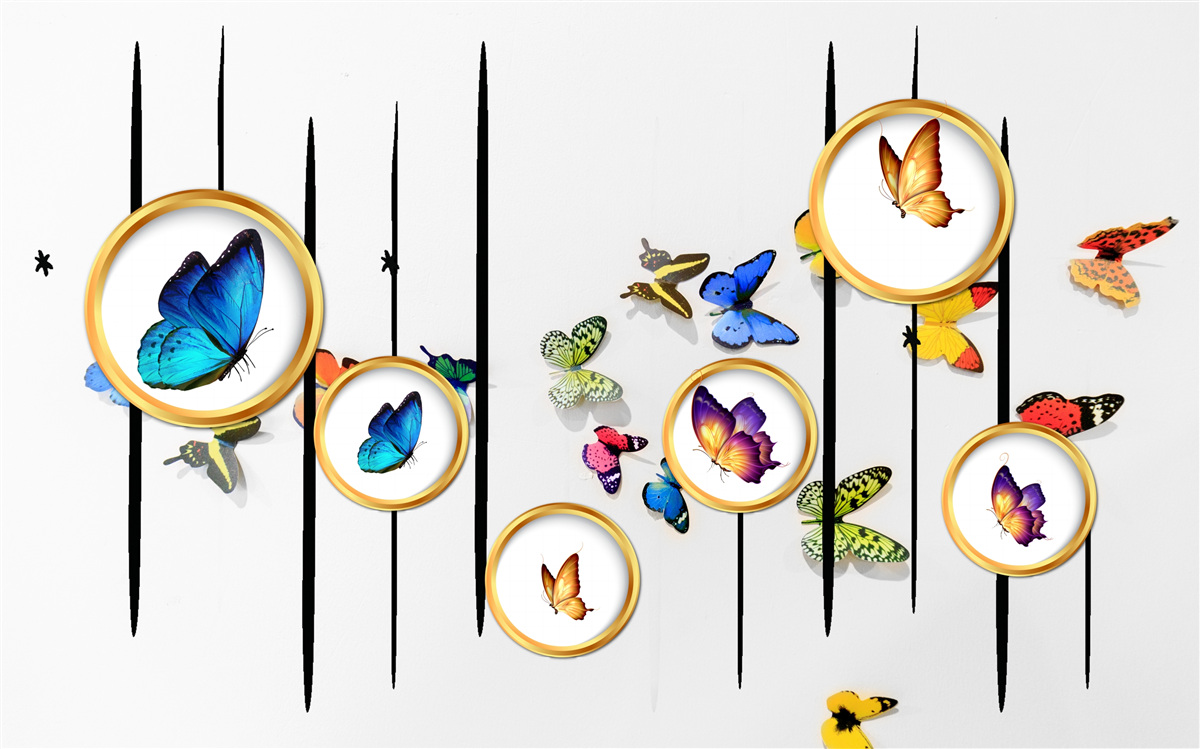 Fototapeta na białym tle znajdują się motyle otoczone złotymi kółkami