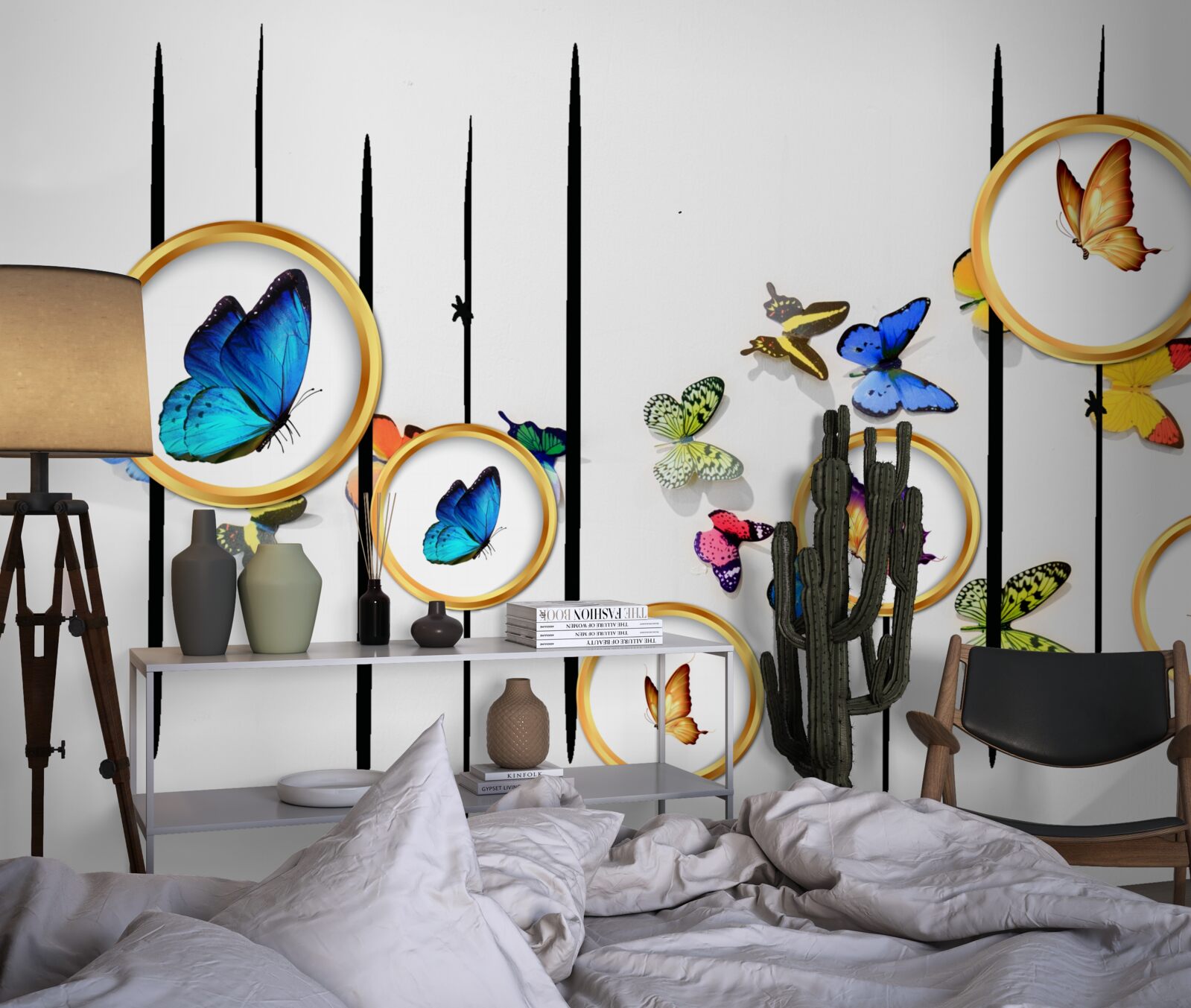 Fototapeta na białym tle znajdują się motyle otoczone złotymi kółkami