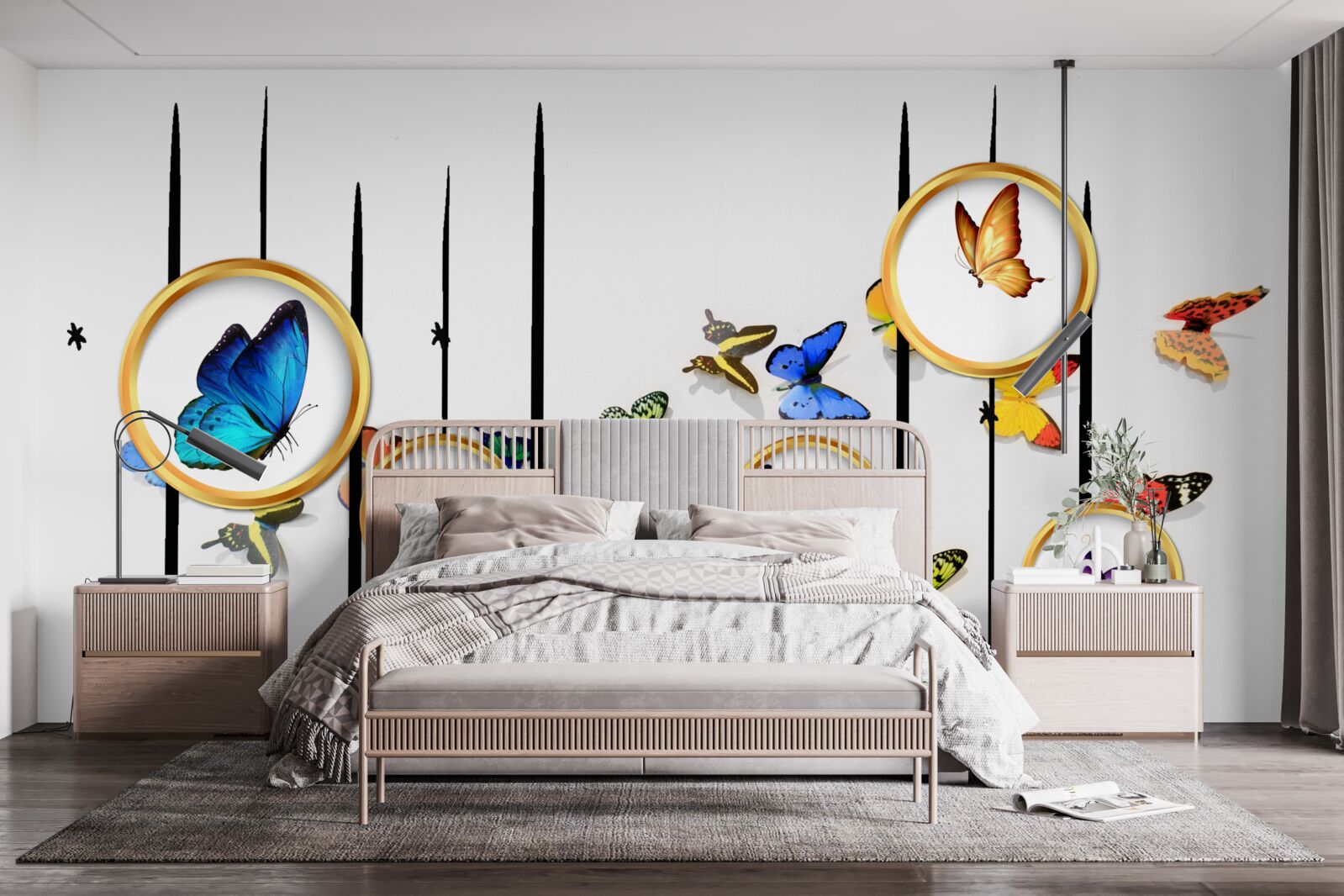 Fototapeta na białym tle znajdują się motyle otoczone złotymi kółkami