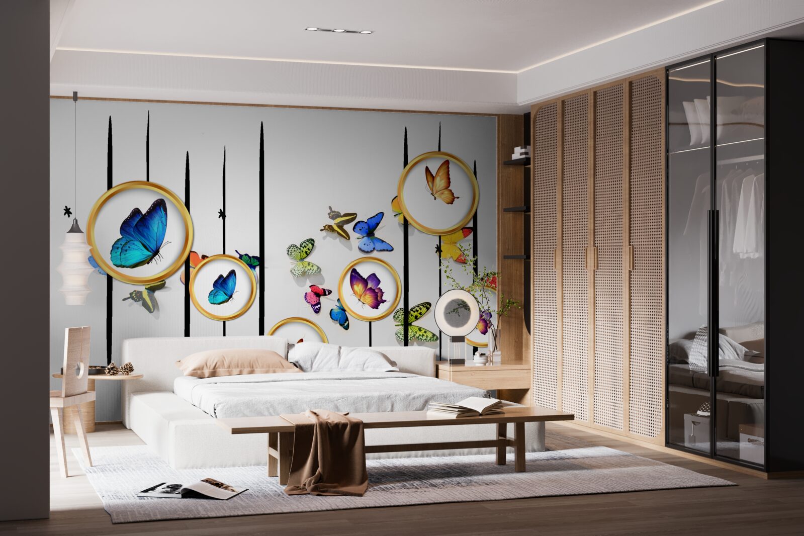 Fototapeta na białym tle znajdują się motyle otoczone złotymi kółkami