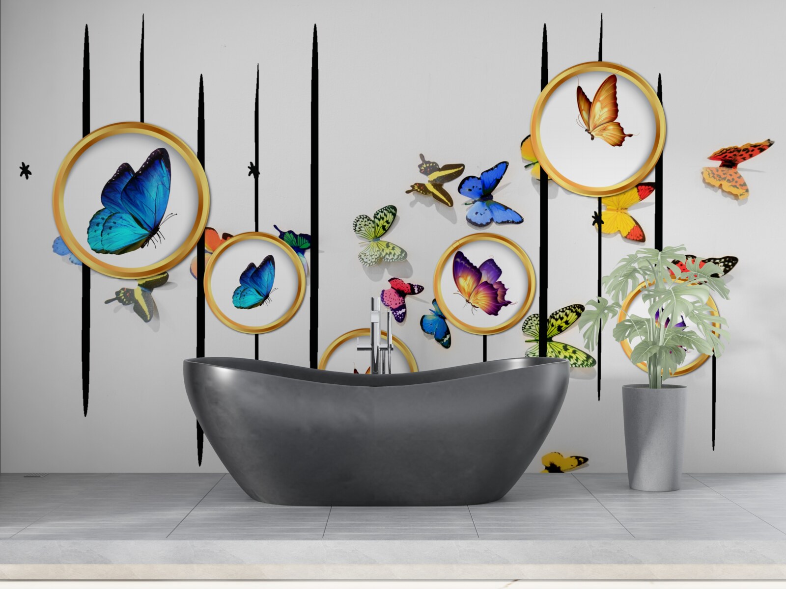 Fototapeta na białym tle znajdują się motyle otoczone złotymi kółkami