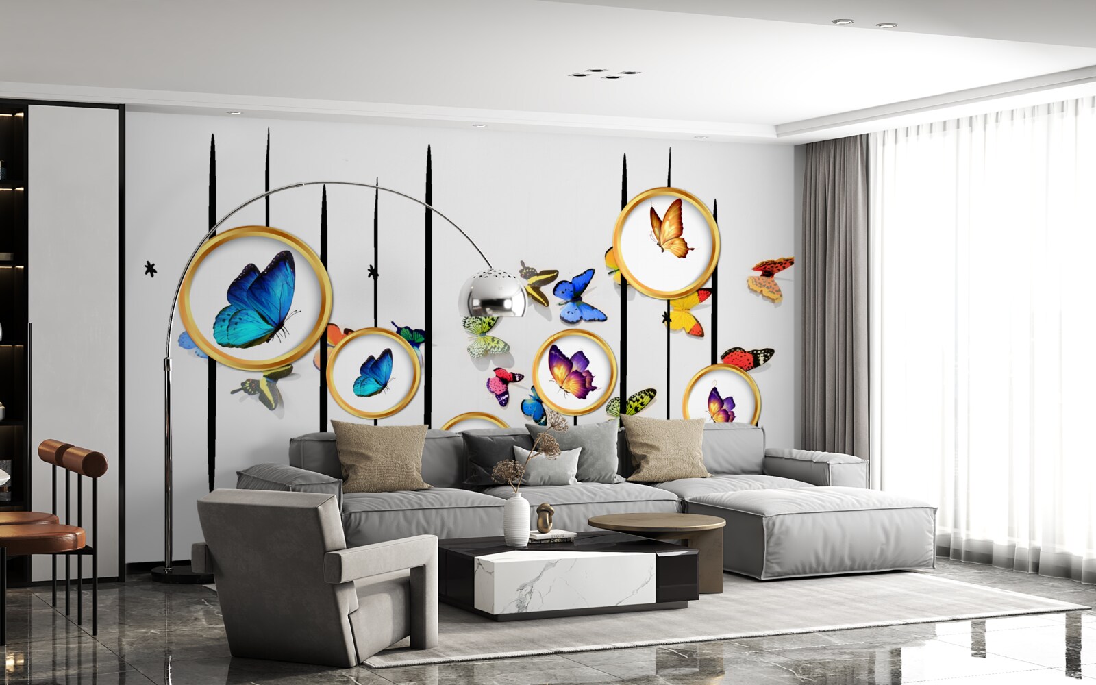 Fototapeta na białym tle znajdują się motyle otoczone złotymi kółkami