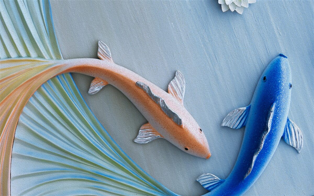 Fototapeta w wodzie pływają złote i niebieskie ryby