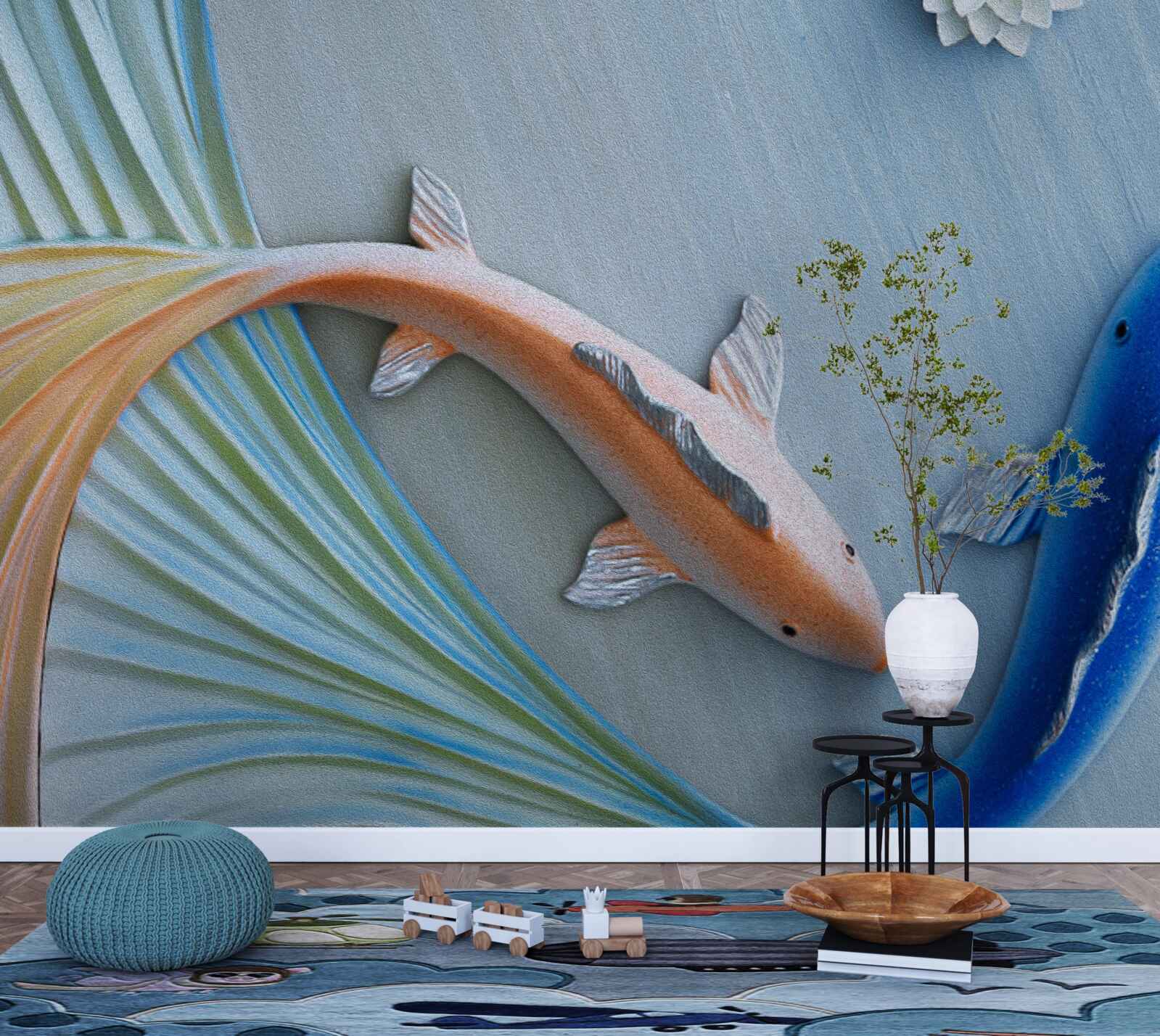 Fototapeta w wodzie pływają złote i niebieskie ryby