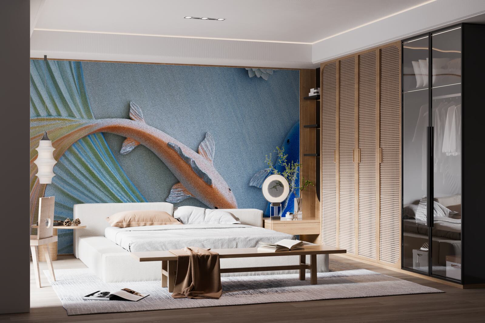 Fototapeta w wodzie pływają złote i niebieskie ryby