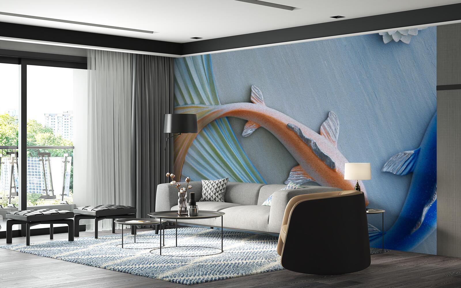 Fototapeta w wodzie pływają złote i niebieskie ryby