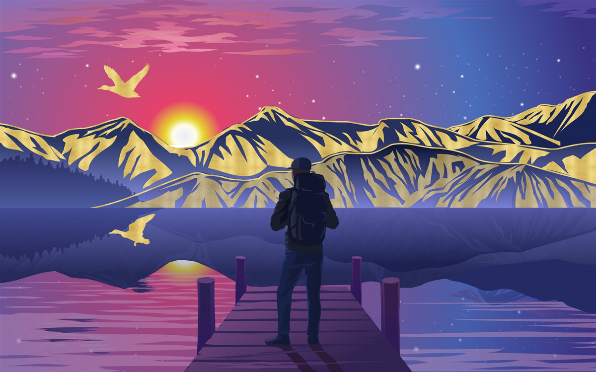 Fototapeta na moście turysta spotyka świt