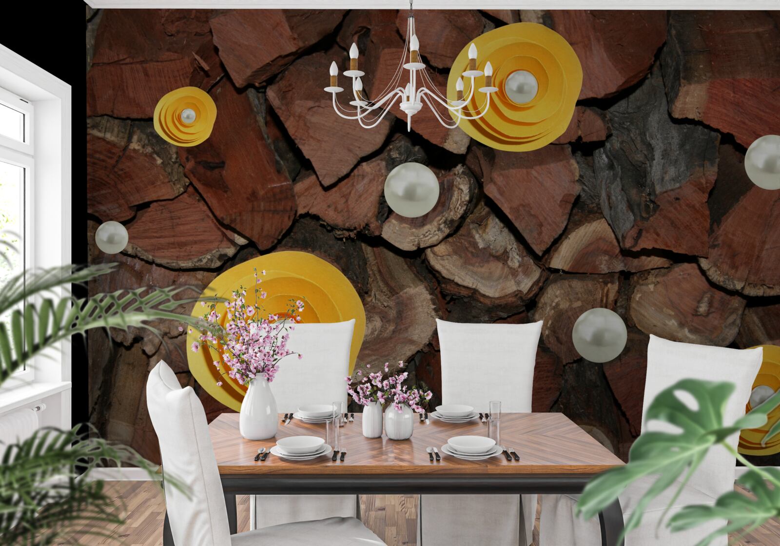 Fototapeta kwiaty o żółtym odcieniu, perły i kawałki drewna