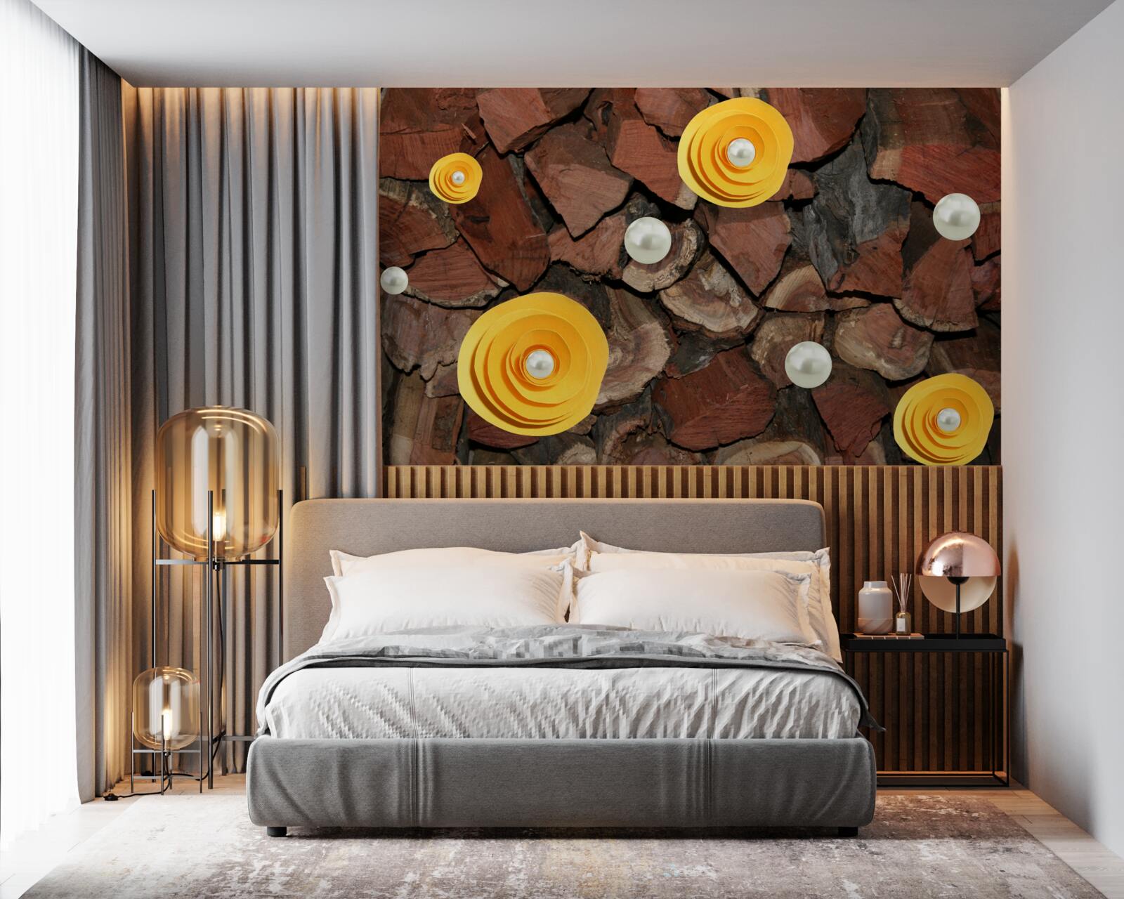 Fototapeta kwiaty o żółtym odcieniu, perły i kawałki drewna