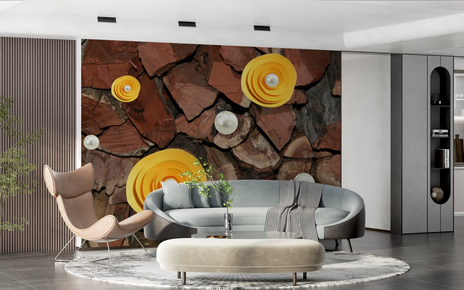 Fototapeta kwiaty o żółtym odcieniu, perły i kawałki drewna