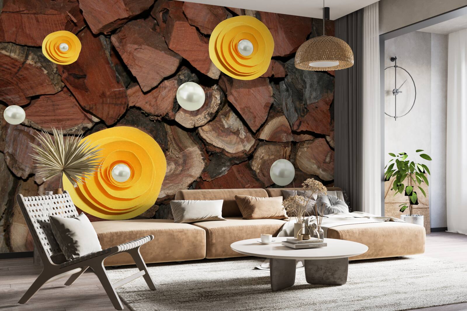 Fototapeta kwiaty o żółtym odcieniu, perły i kawałki drewna