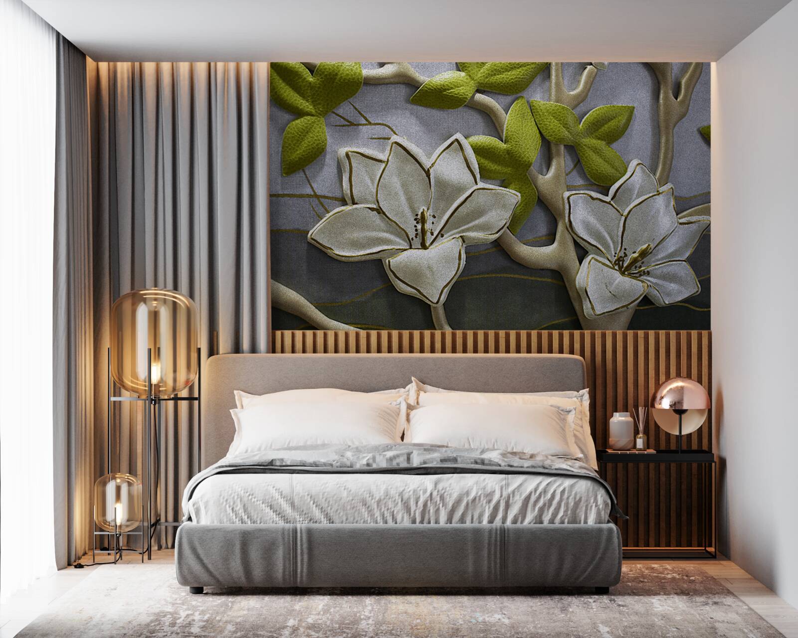 Fototapeta magnolia z porcelanowymi kwiatami na zielonych gałązkach