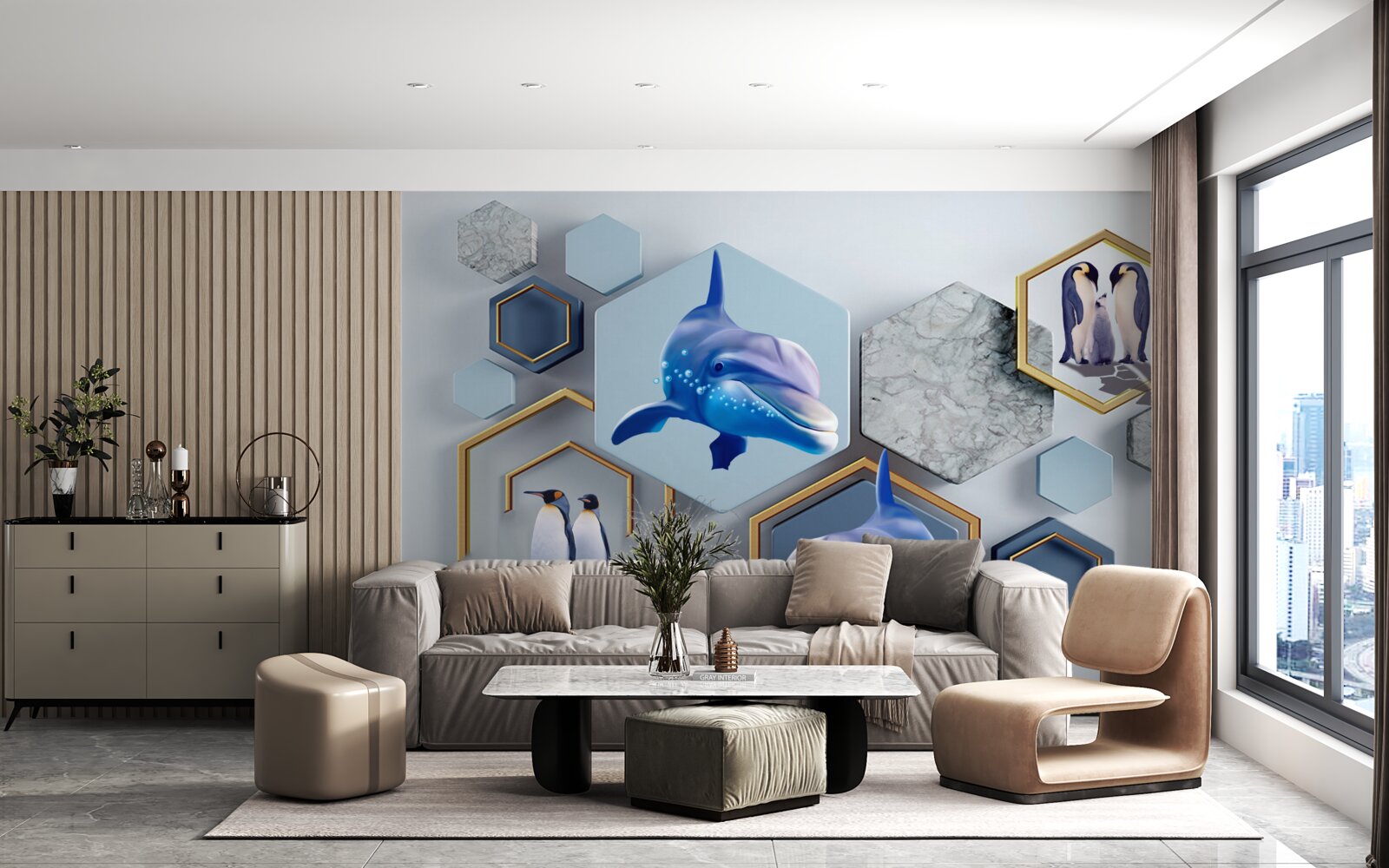 Fototapeta w pięciokątach oprawionych w złote ramy znajdują się wieloryby
