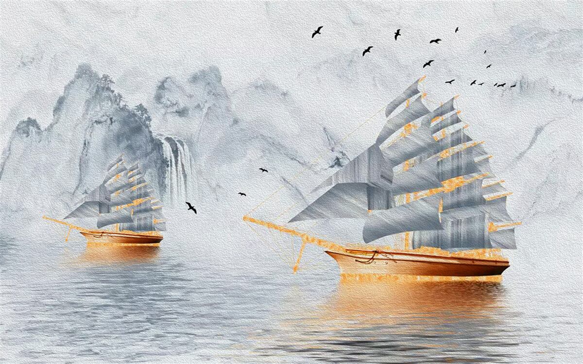 Fototapeta z portu wypływa malowniczy statek na żaglach