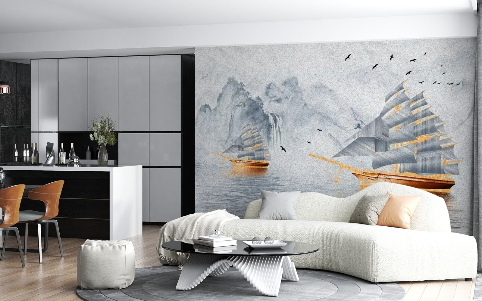 Fototapeta z portu wypływa malowniczy statek na żaglach