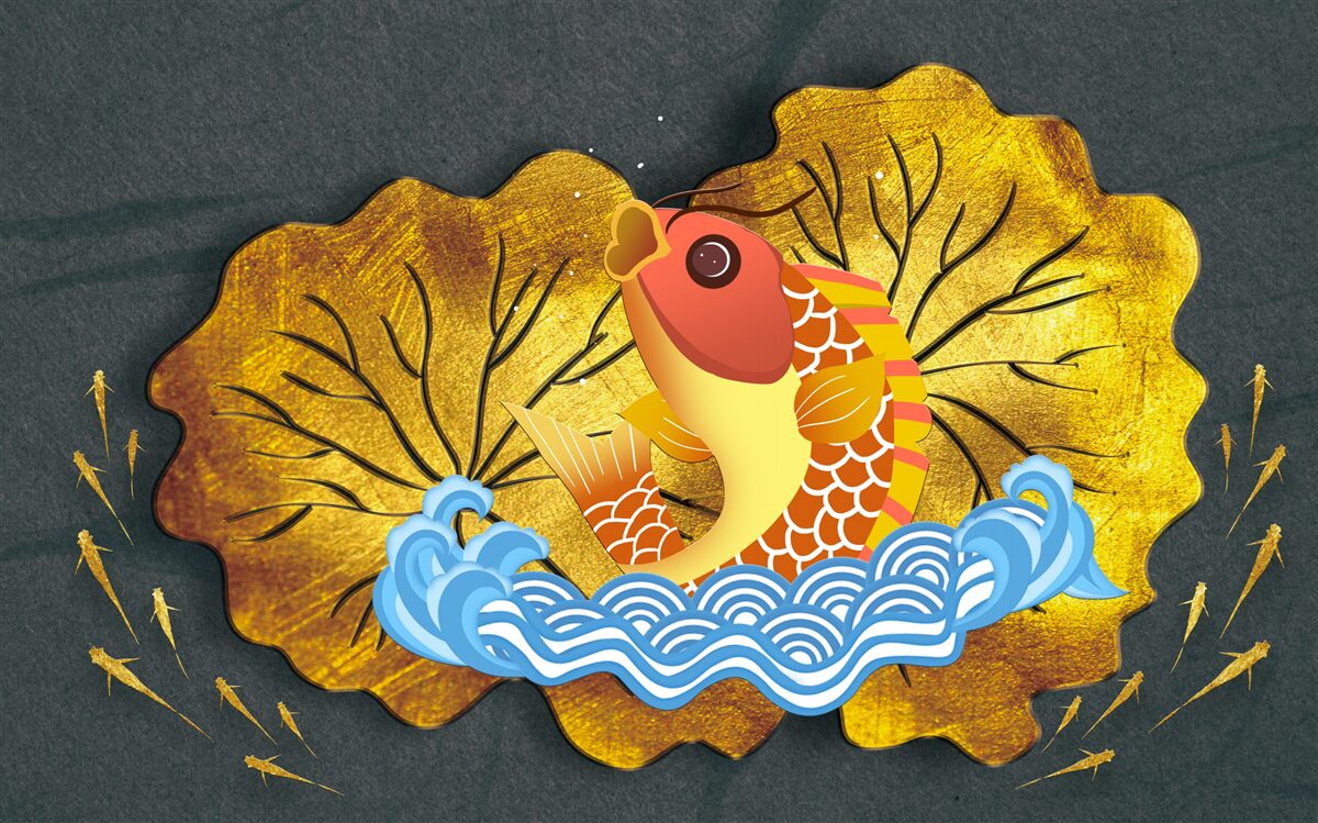 Fototapeta liście jesienią i ryby w wodzie