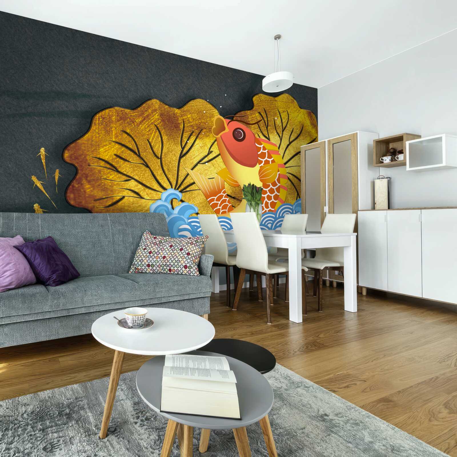 Fototapeta liście jesienią i ryby w wodzie