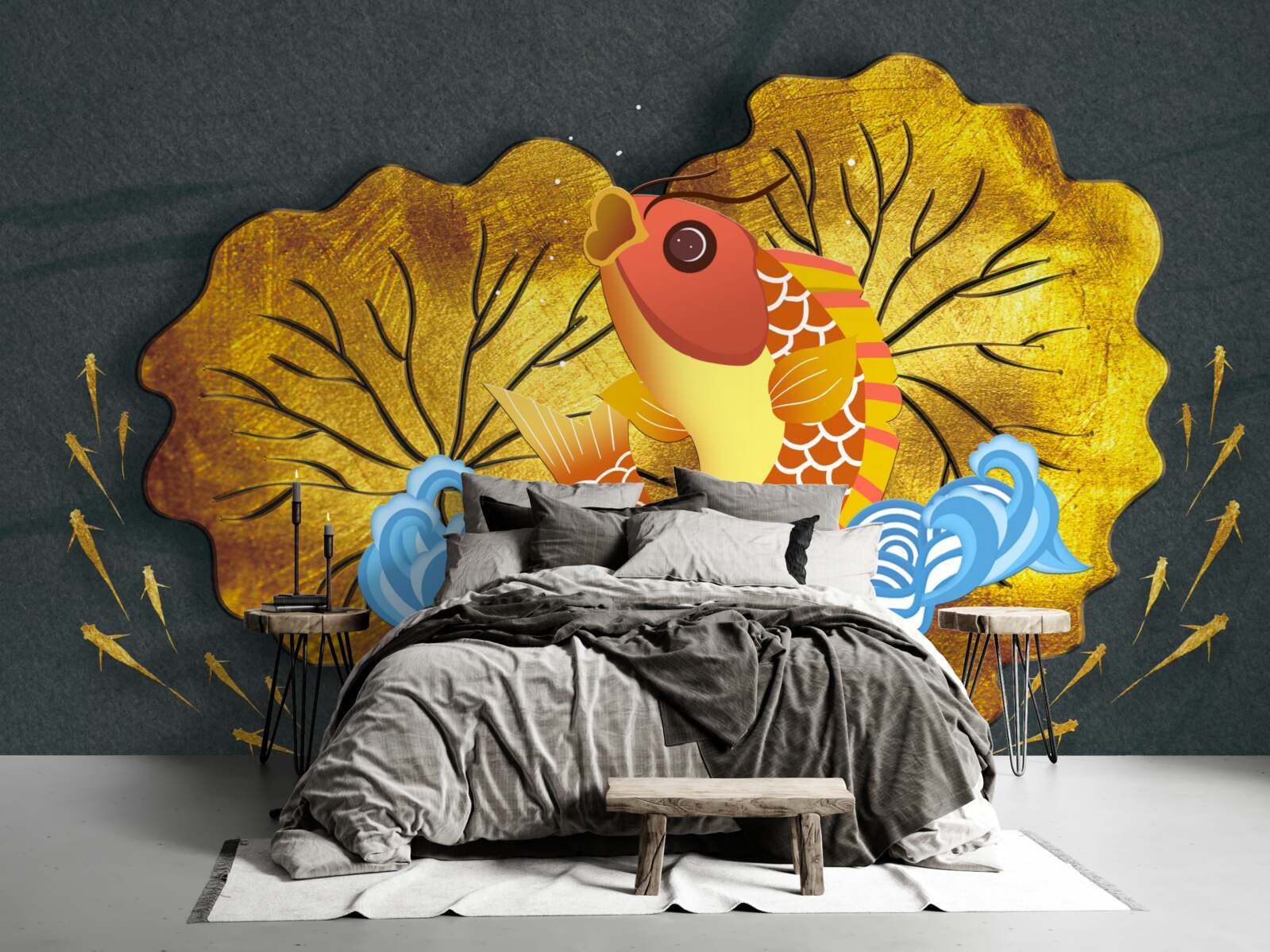 Fototapeta liście jesienią i ryby w wodzie