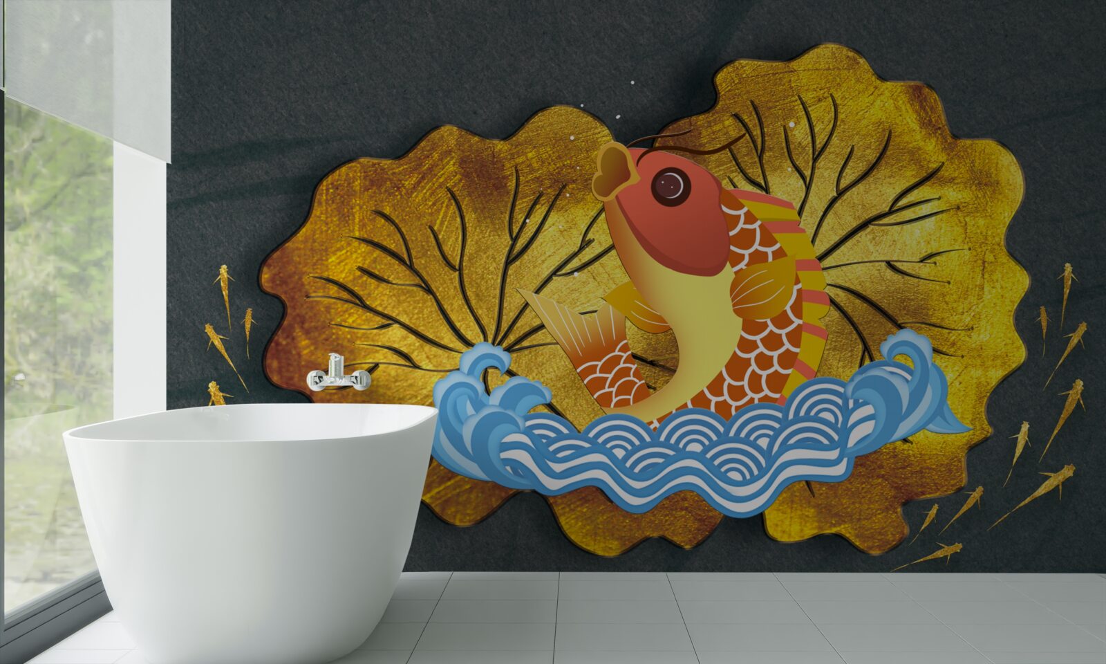 Fototapeta liście jesienią i ryby w wodzie