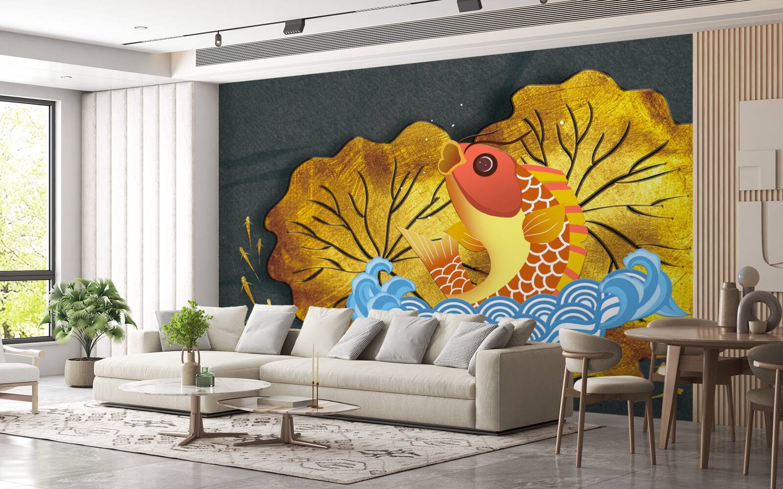 Fototapeta liście jesienią i ryby w wodzie