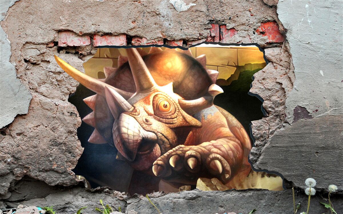 Fototapeta dinozaur pokonuje przeszkodę w postaci kamiennej ściany