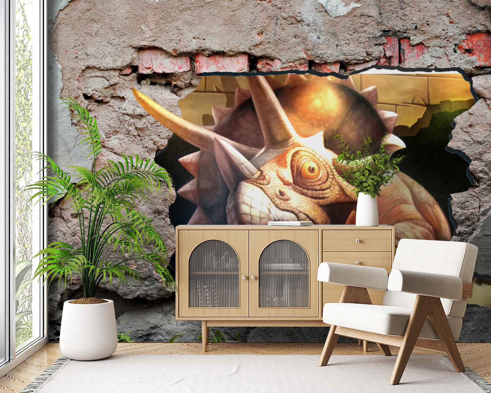 Fototapeta dinozaur pokonuje przeszkodę w postaci kamiennej ściany