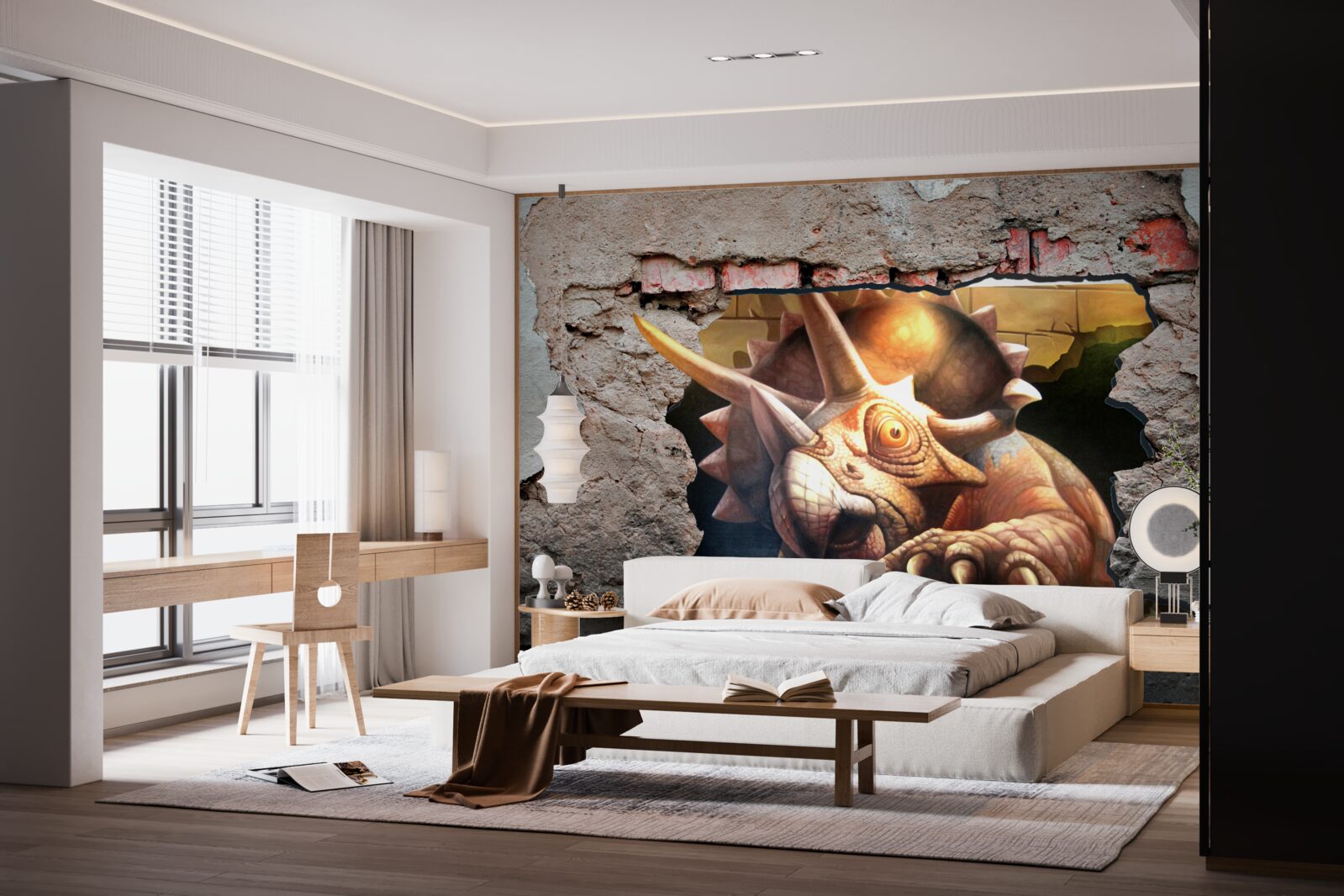 Fototapeta dinozaur pokonuje przeszkodę w postaci kamiennej ściany