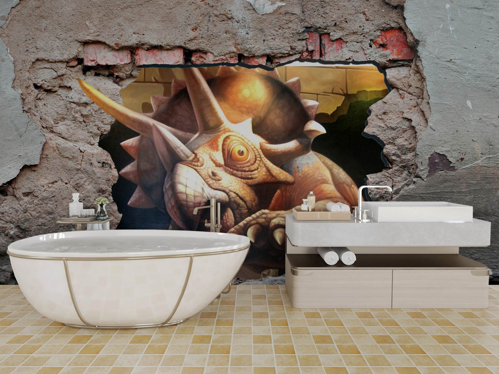 Fototapeta dinozaur pokonuje przeszkodę w postaci kamiennej ściany