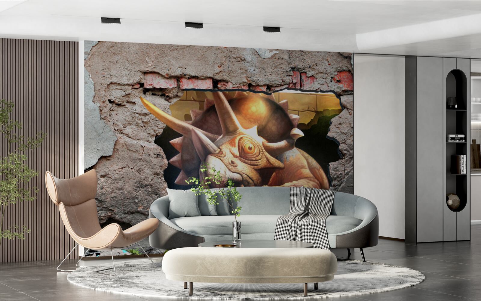 Fototapeta dinozaur pokonuje przeszkodę w postaci kamiennej ściany