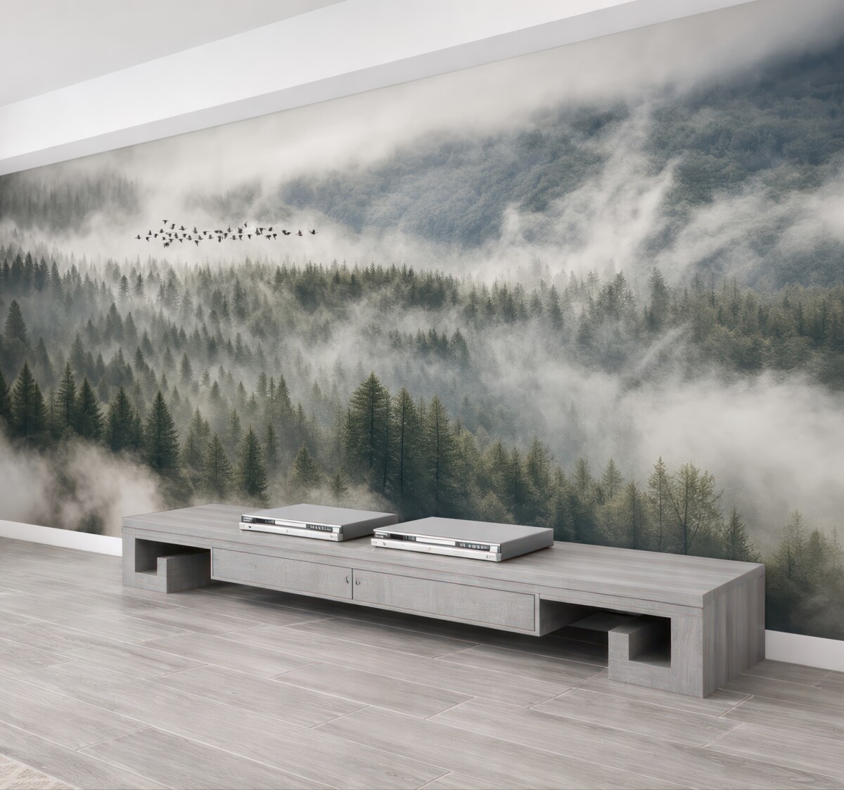 Fototapeta Mglisty las i ptaszki.