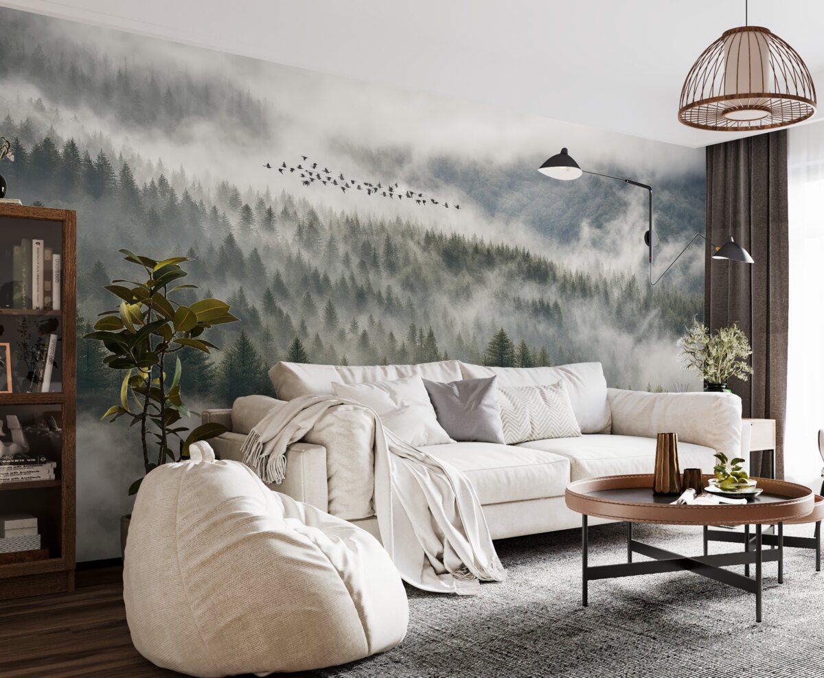 Fototapeta Mglisty las i ptaszki.