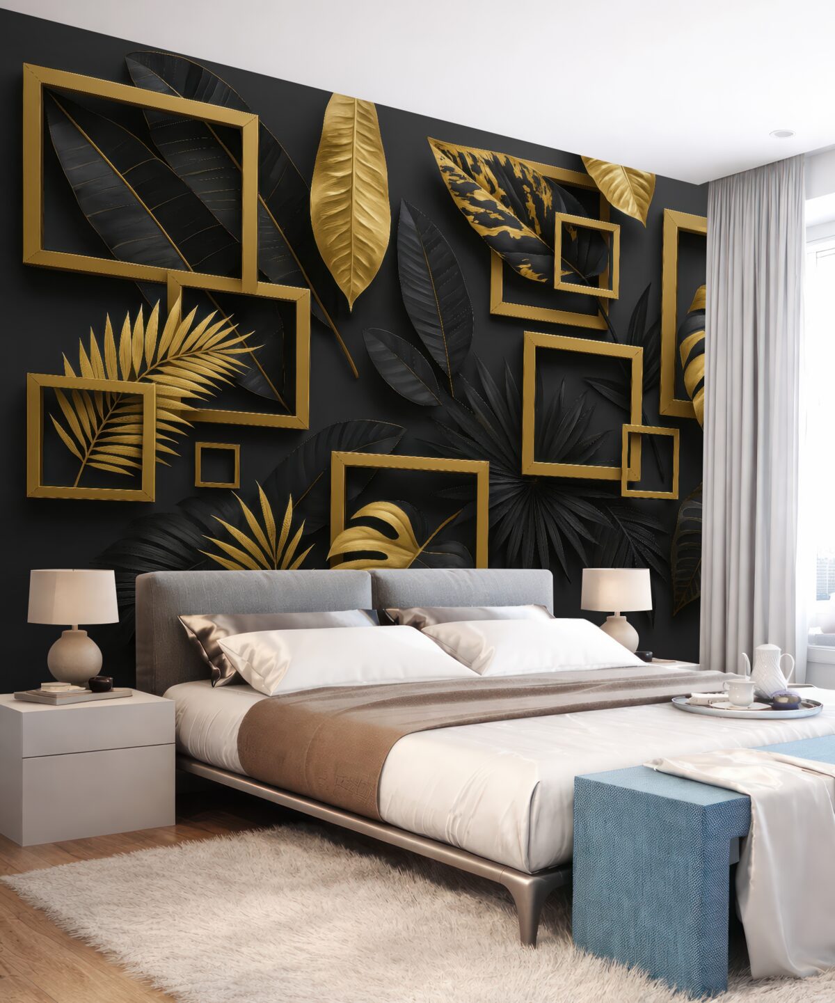 Fototapeta Stylowe oprawy z motywem zielonych liści.