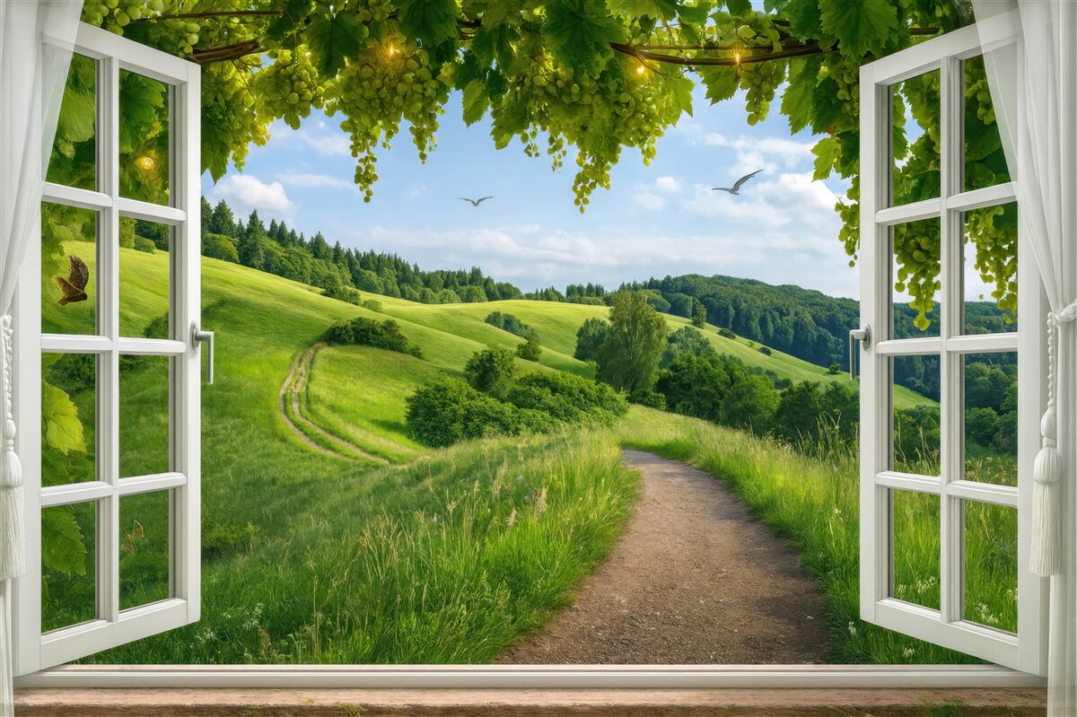 Fototapeta Widok z okna na łąkę.