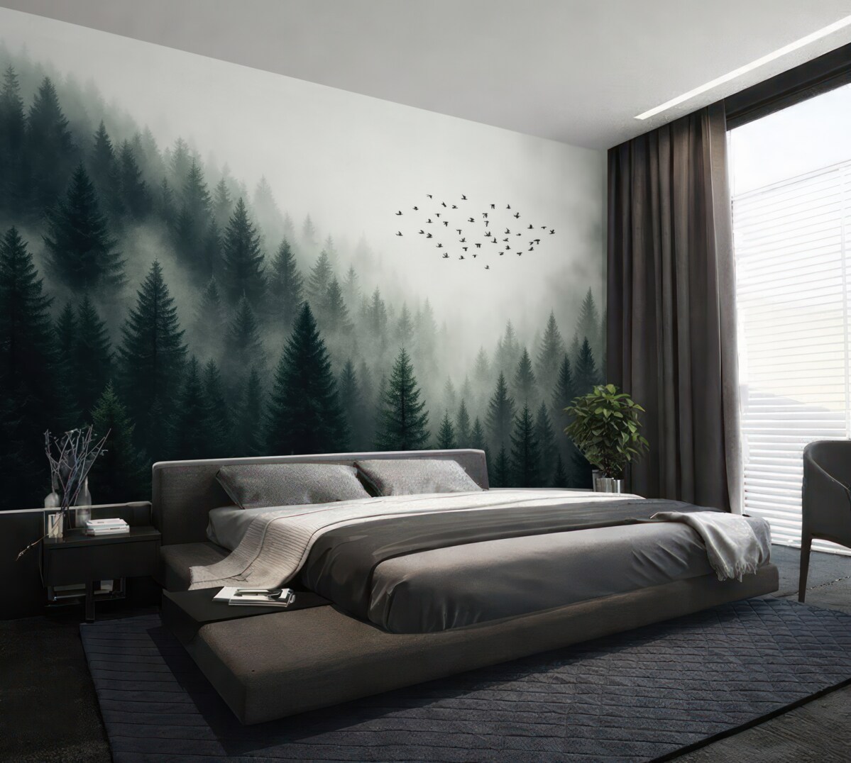 Fototapeta Ptaki unoszące się nad zamglonym lasem.