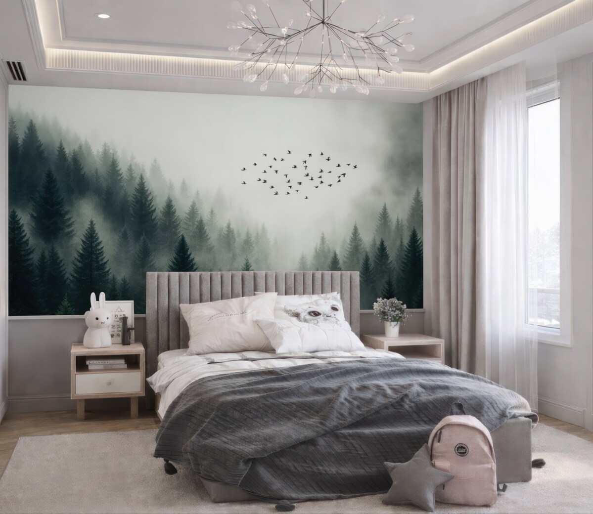 Fototapeta Ptaki unoszące się nad zamglonym lasem.