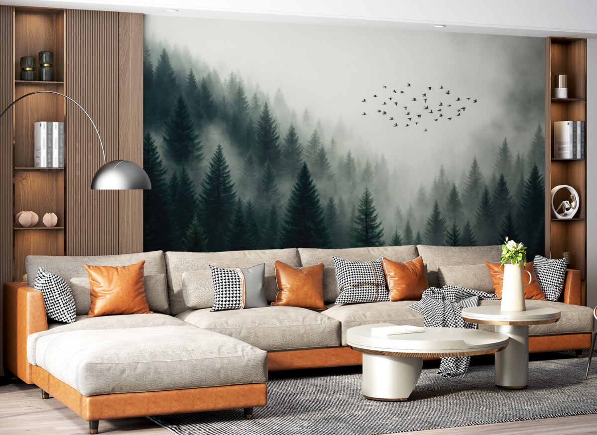 Fototapeta Ptaki unoszące się nad zamglonym lasem.