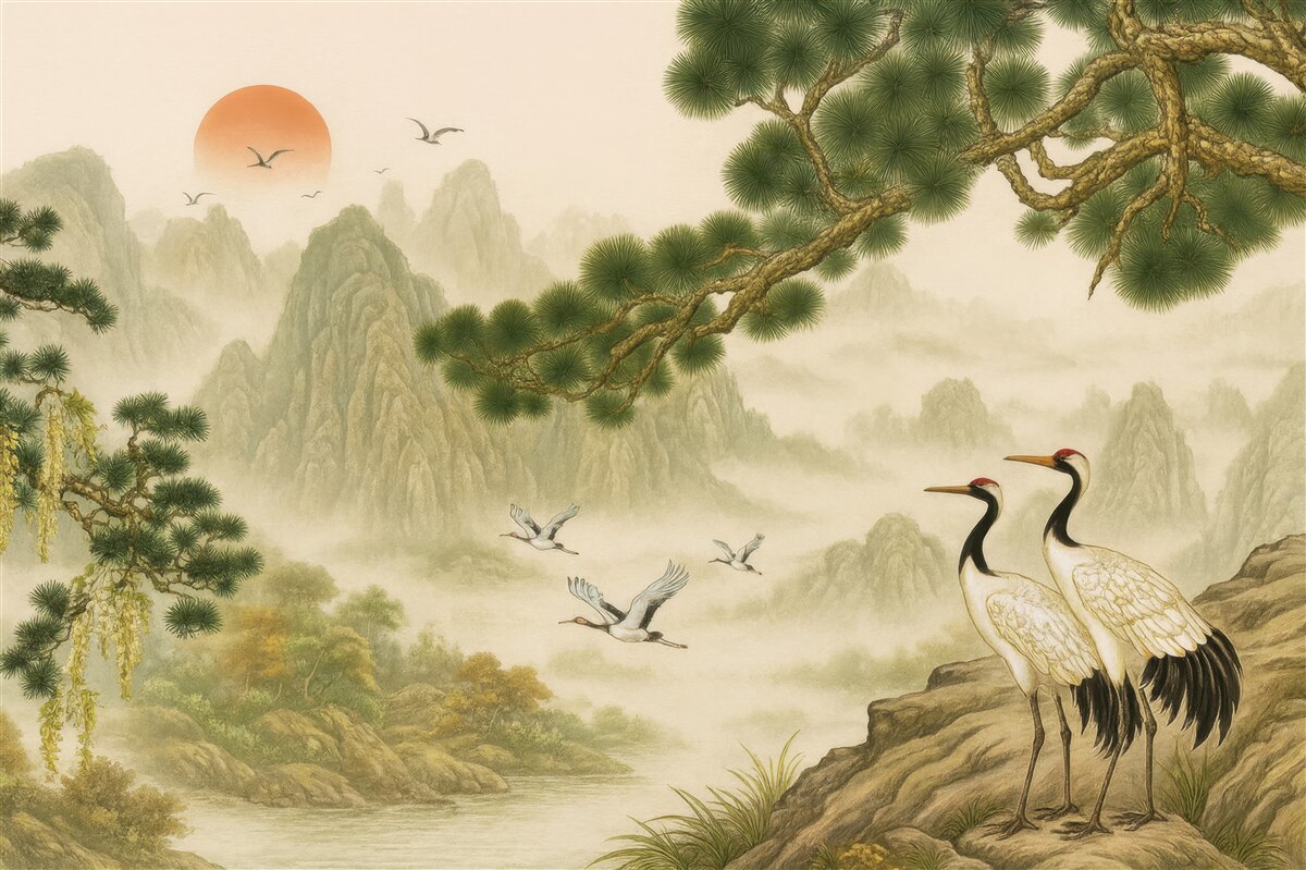 Fototapeta Kolejne zdanie: Wzniesienia, bociany przy sośnie.