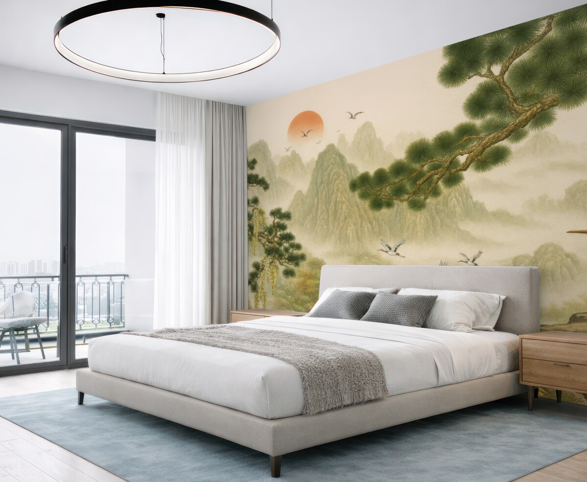 Fototapeta Kolejne zdanie: Wzniesienia, bociany przy sośnie.