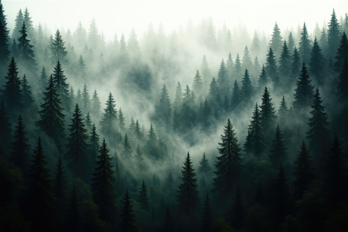 Fototapeta Zamglony poranek, las.