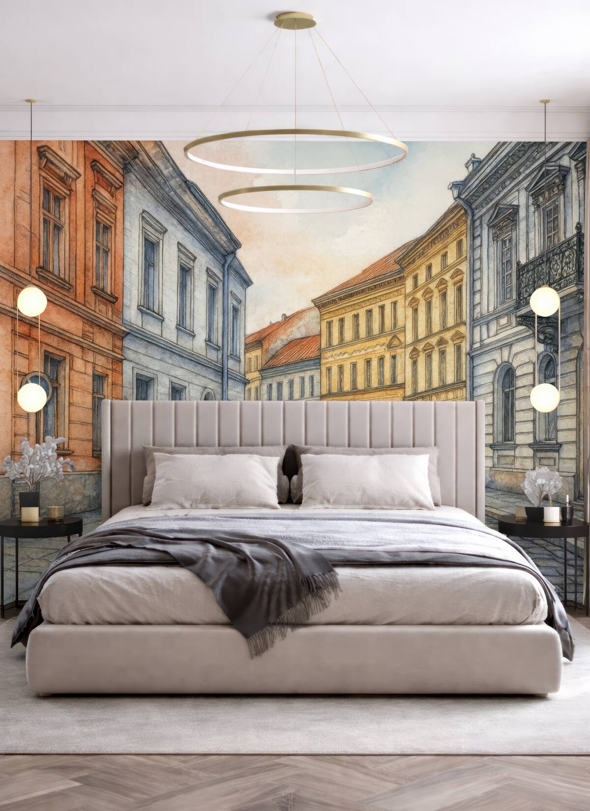 Fototapeta Zabytkowe centrum, oznaczenie i akwarela.