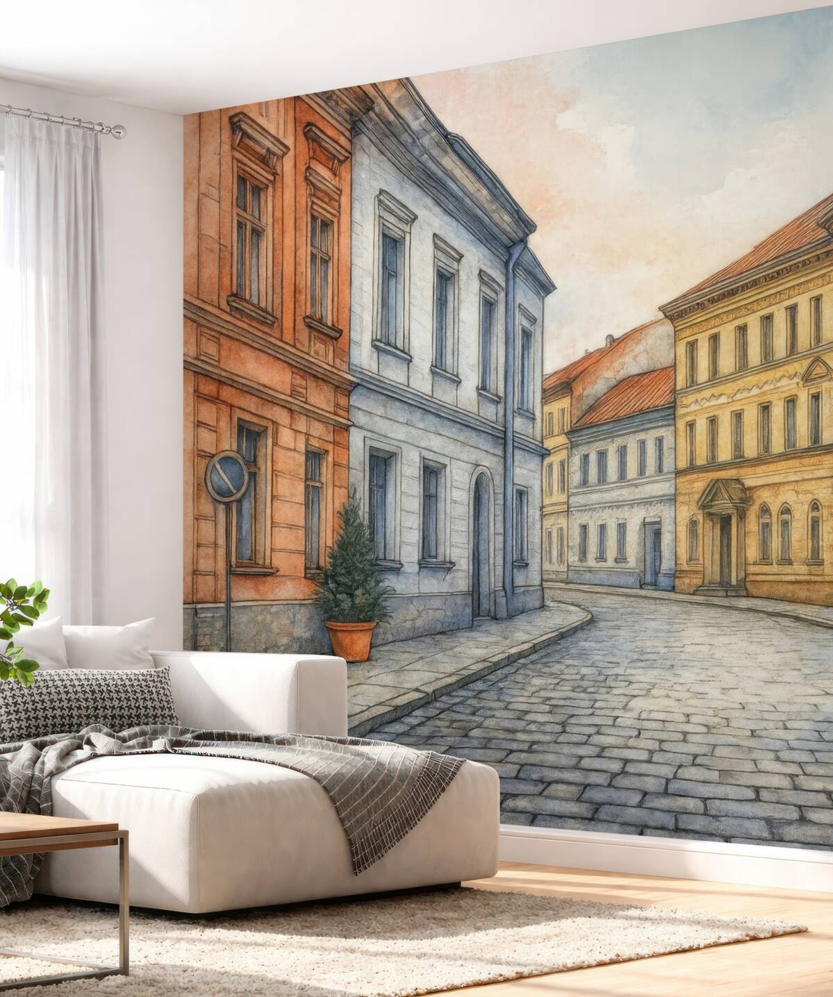 Fototapeta Zabytkowe centrum, oznaczenie i akwarela.