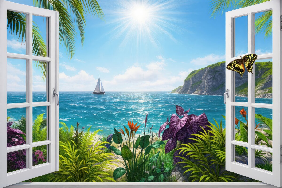 Fototapeta Widok z okna na ocean i łódź.