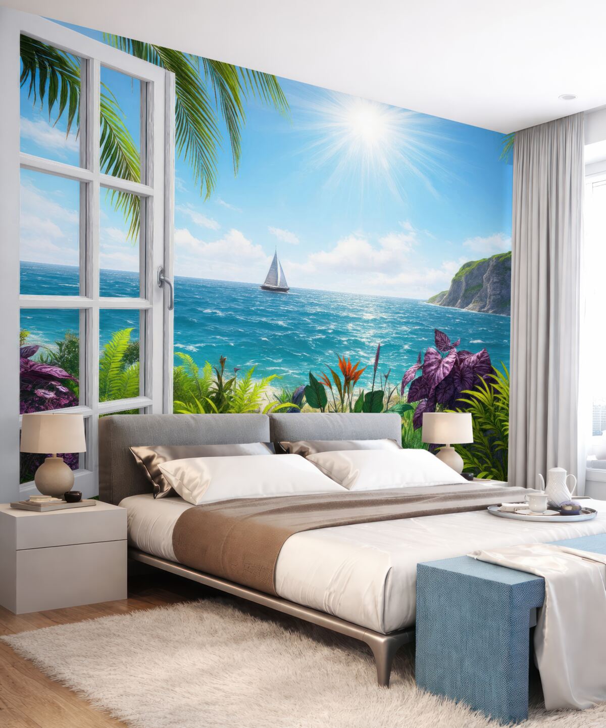 Fototapeta Widok z okna na ocean i łódź.