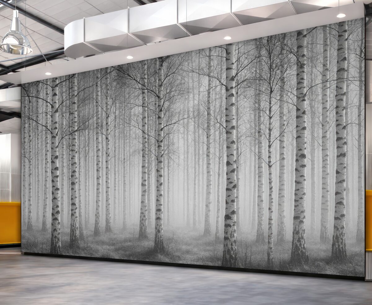 Fototapeta Poranna mgła w lesie brzozowym.