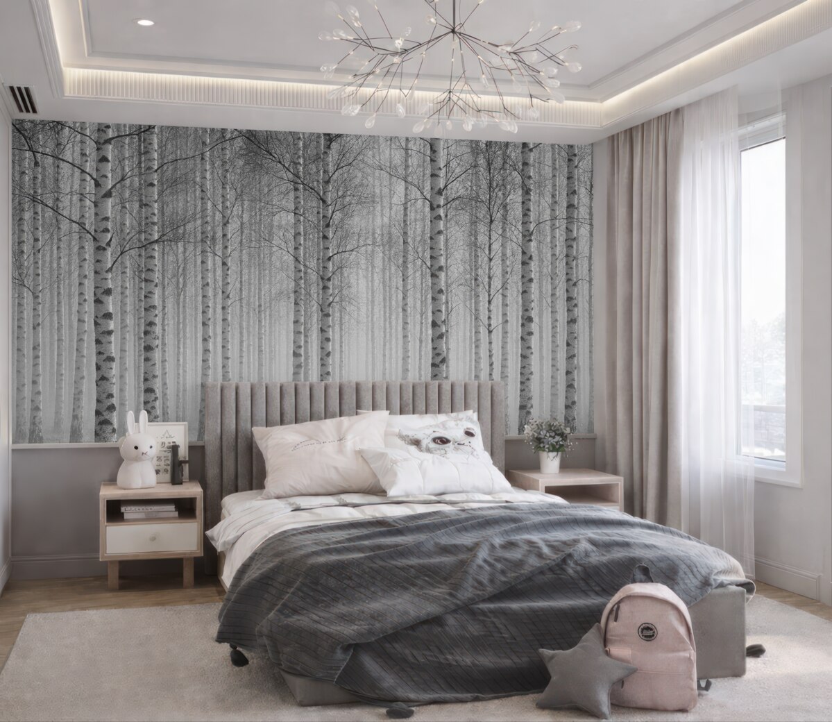 Fototapeta Poranna mgła w lesie brzozowym.