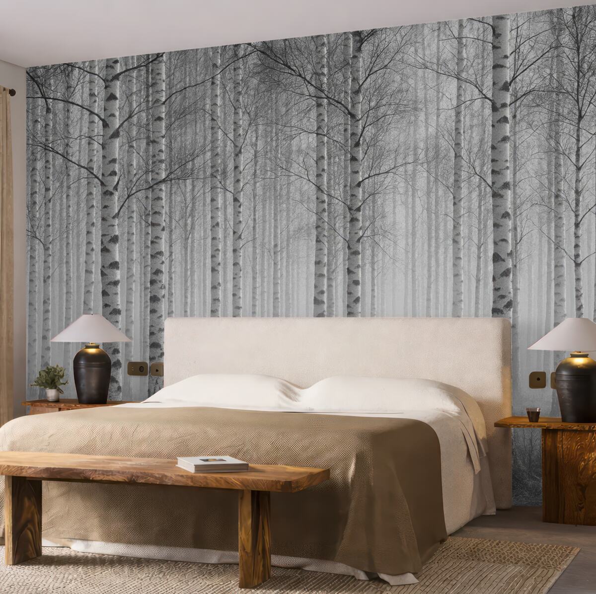 Fototapeta Poranna mgła w lesie brzozowym.