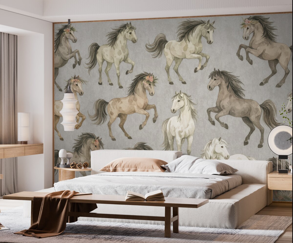 Fototapeta Motyw - konie oraz kwiaty.