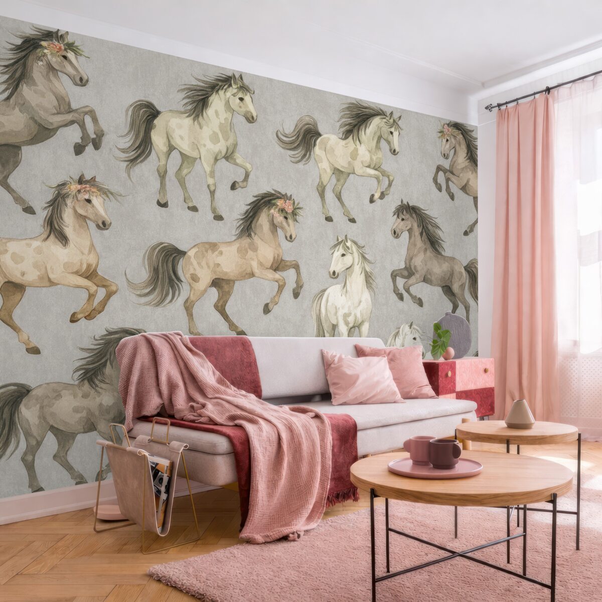 Fototapeta Motyw - konie oraz kwiaty.